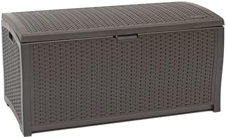 Suncast 99 Gal Wicker Resin Deck Box, Storage Chest Bin with Handles, Java