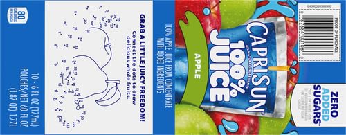 Capri Sun 100% Juice from Concentrate, 10 Pouches Apple Juice, 6 fl oz | for School Lunches and On-the-Go Hydration, All Natural Ingredients, No Artificial Colors, Flavors Or Preservatives