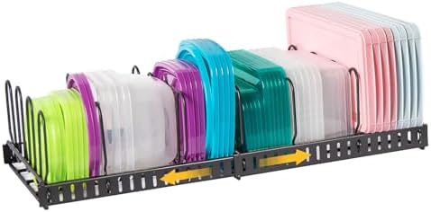 X-cosrack Expandable Food Container Lid Organizer, Large Capacity Adjustable 10 Dividers Detachable Lid Organizer Rack for Cabinets, Cupboards
