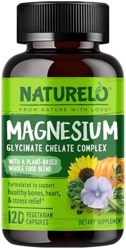 NATURELO Magnesium Glycinate Chelate Complex - 200 mg Magnesium, 120 Count | Support Sleep, Calm, Muscle Cramp & Stress Relief, Gluten Free, Non GMO, with Organic Vegetables