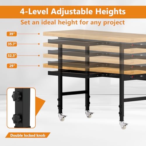 48" Heavy Duty Work Bench with Drawers, Adjustable Height Workbench with Wheels, 2000 LBS Capacity Work Table with Power Outlets for Garage, Workshop, Office, Home
