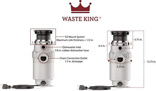 Waste King Legend Series 1 HP Continuous Feed Garbage Disposal with Power Cord - (L-8000) & Garbage Disposal Dishwasher Connector Kit - 1023