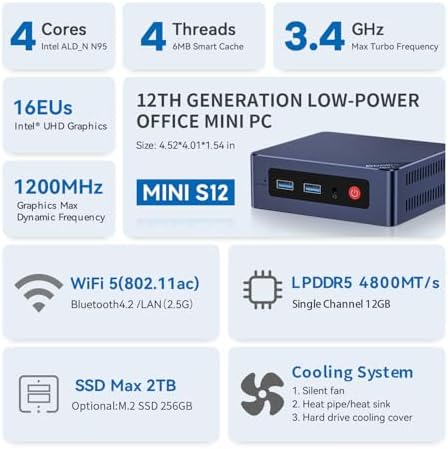 Beelink Mini PC, MINI S12 Intel Lake N95 4C/4T, 8GB DDR4 RAM 256GB SSD