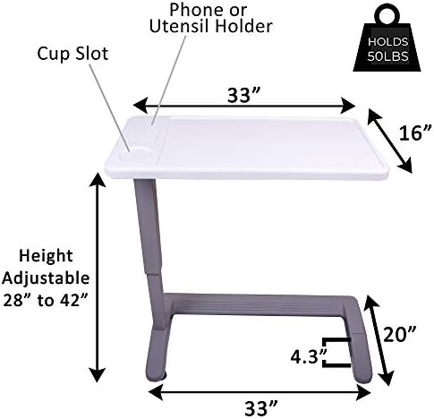Carex Rolling Overbed Table, Hospital Bed Table, Laptop Tables for Recliner, Bed, Bedside and Sofa, Computer Tables, Hospital Tray