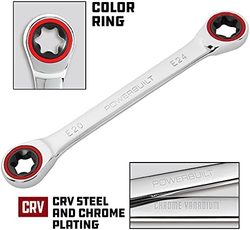 Powerbuilt E10/E12 Ratcheting Double Box-End E-Torx E-Star Wrench, 72-Tooth Ratcheting Wrench with 5-Degree Swing for Tight Spaces - 641760