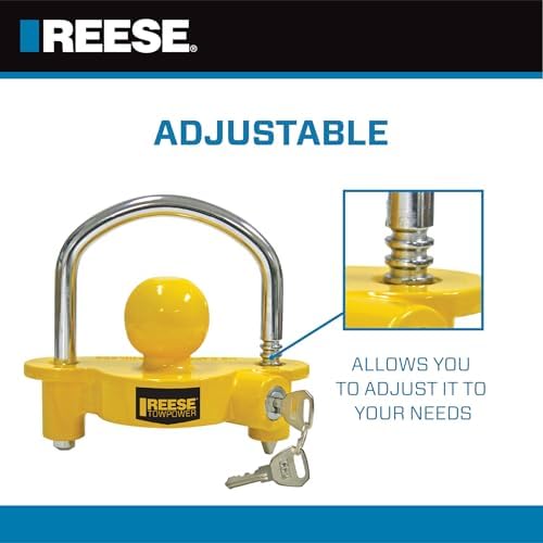 REESE Towpower 72783 Coupler Lock, Adjustable Storage Security, Heavy-Duty Steel, Yellow and Chrome ( Universal Fit)