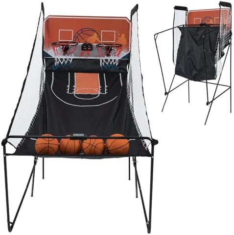 GYMAX Arcade Basketball Game Indoor Foldable with 8 Game Modes, Arcade Sound, 4 Balls and Inflation Pump, Electronic Basketball Games for All Ages Home