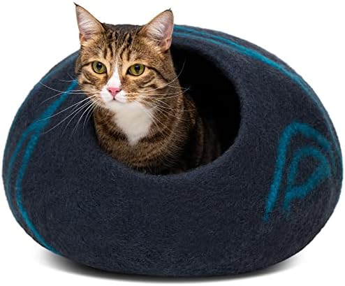 Cat Cave – Premium Felt Cat Bed for Indoor Cats, Handmade 100% Merino Wool (Large, Black Aqua)