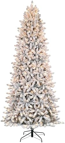Puleo International 7.5 Foot Pre-Lit Slim Flocked Fraser Fir Artificial Christmas Tree with 500 UL Listed Clear Lights