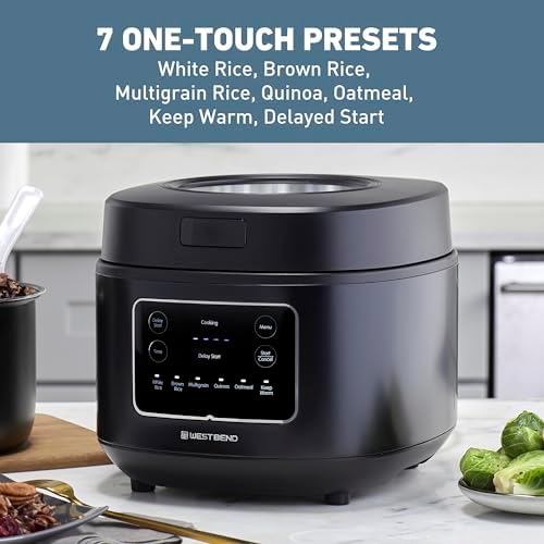 West Bend Rice & Grain Multi Cooker Programmable with 9 Preset Functions, Features Delay Start and Keep Warm Functions and Steam Basket, 20 Cups Cooked (10 cups uncooked), Stainless Steel
