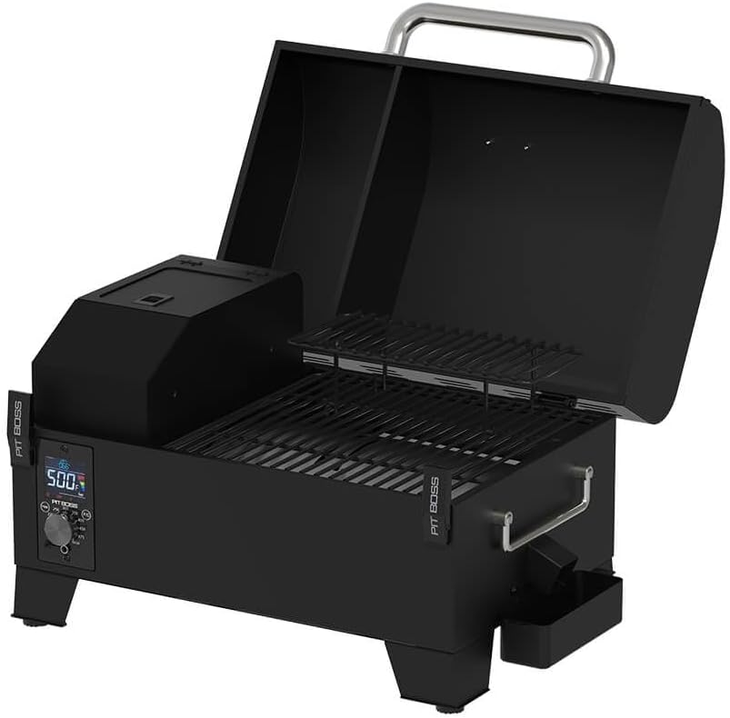Pit Boss 150 Wood Pellet Grill & Smoker with Flame Broiler 256-Sq. In. Cooking Space, 180°F to 500°F Temperature Range, 7 lb. Pellet Hopper, for Tailgating, Camping, or Travel, Black | 180-500F temperature range, 7 lb hopper, flame broiler, automatic sta…