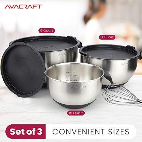 AVACRAFT 18/10 Stainless Steel Mixing Bowls with Lids, non slip silicone base bowls with Handle, Mixing Bowl Set with Pour Spouts & Measurement Marks, Home Essentials Cooking Bowls, (Red)