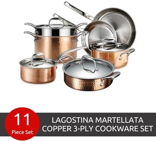 Lagostina Martellata Tri-ply Hammered Copper 11 PC Pots and Pans Cookware Set, Copper