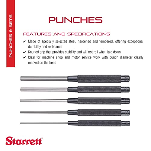 Starrett Steel Drive Pin Punch Set with Knurled Grip for Precise Positioning and Secure Holding - Hardened and Tempered Steel
