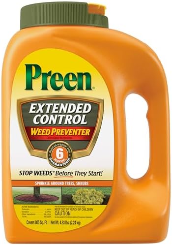 Preen Extended Control Weed Preventer - 4.93 lb. Bottle - Covers 805 sq. ft. | PreEmergent Herbicide for Garden Weed Control –Prevents Weeds up to 6 Months – For Perennials and Shrubs