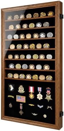 Jinchuan Military Challenge Coin Display Case Lockable Cabinet Rack Holder Shadow Box with Removable 2 Grooves Shelves and Anti Dust Door for Casino