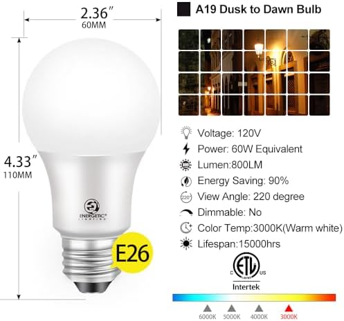Energetic 4-Pack Dusk to Dawn LED Outdoor Light Bulb, 60 Watt Equivalent(6W), 800LM, Warm White 3000K, E26 Base