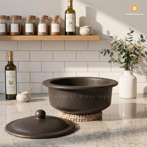 Swadeshi Blessings HandMade Unglazed Clay Pot for Cooking with Lid,2.5L,Red