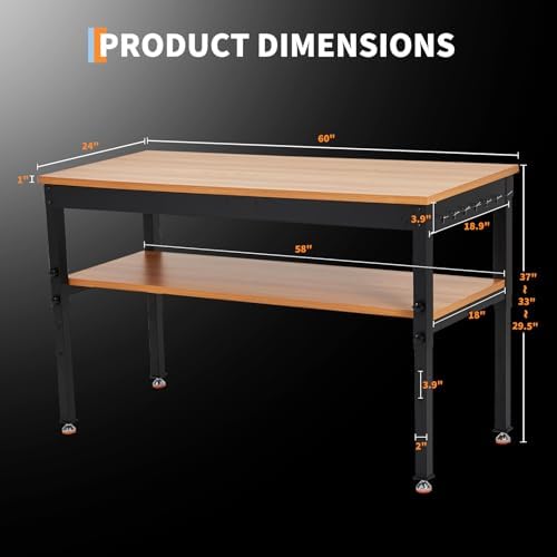 60" Work Bench with Storage Shelf, Adjustable Height Workbench, 60" x 24" Work Benches for Garage