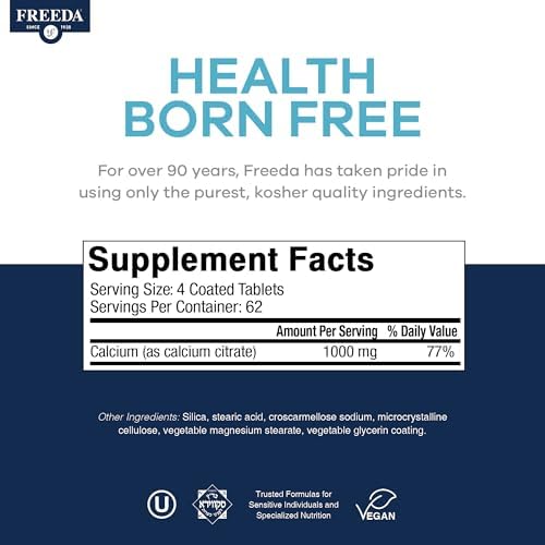 FREEDA Calcium Citrate 1000mg Supplement for Bone Support – 250 Tablets | Supports Bone Strength, Teeth, & Muscle Function – Highly Absorbable Calcium Formula – No Vit D, Vegan, Kosher, Made in USA