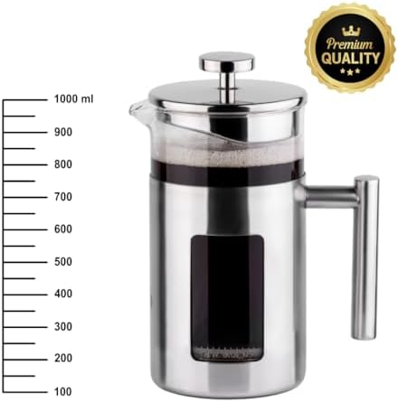 34 Ounce French Press Coffee Maker with Stainless Steel 18/8 frame