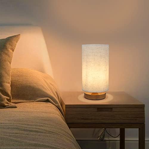 Small Bedside Night Table Lamp for Bedroom, Minimalist Nightstand Lamp with Round Fabric Linen Shade, Study Reading Desk Lamp for Kids Room