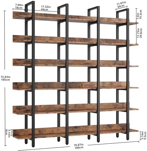 IRONCK Book Shelf Triple Wide Bookshelves 6 Tiers with Back Fence | Large Open Shelves, Etagere Bookcases, Home Office, Easy Assembly, Vintage Brown