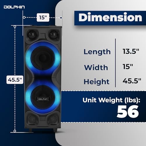 Dolphin Bluetooth Party Speaker with 2 Wireless Mics, Dual 12" Woofers | 120W Output, X-BASS, MDF Wood Cabinet, LED Infinity Lights, USB/TF/FM/AUX