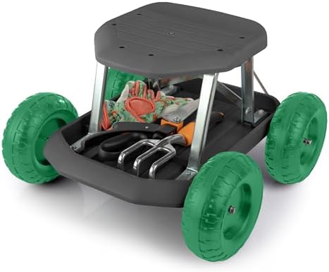 Pure Garden Rolling Garden Seat with Wheels and Tool Tray, Black/Green | Gardening Stool Garden Cart Scooter with Storage for Yard Tools