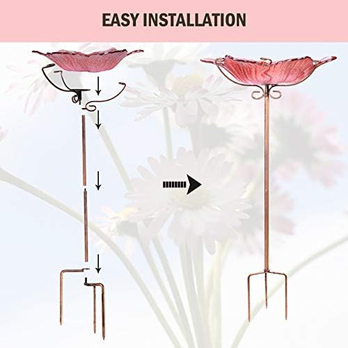 MUMTOP Glass Bird Bath Outdoor Birdfeeder Blue Flower Bowl with Metal Stake