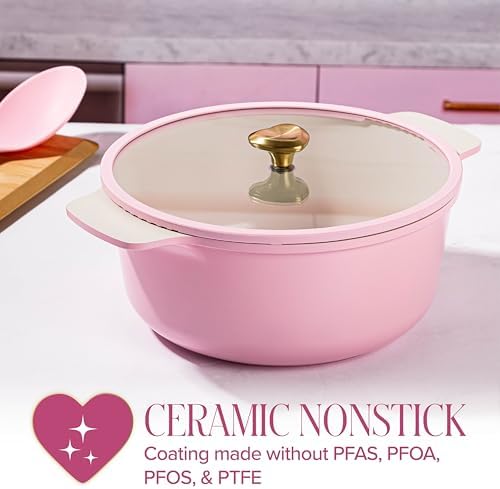 Paris Hilton Cast Aluminum Dutch Oven with Lid, Ceramic Nonstick Coating Made Without PFAS, PFOA, PFOS & PTFE, Heart Knob, 4.3-Quart, Pink