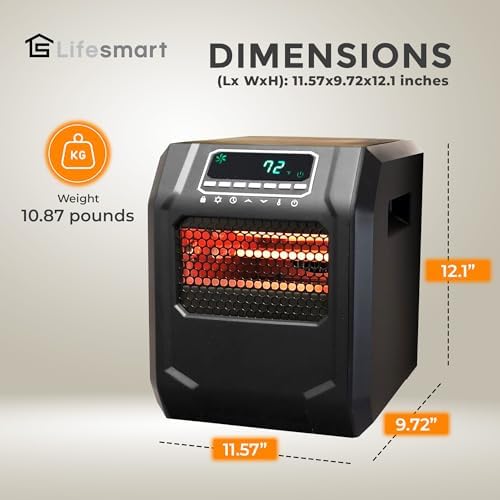 LIFESMART GLOBAL 1500 Watt 4 Element Portable Electric Infrared Quartz Bulb Room Heater for Indoor Use with 3 Heat Settings and Digital Panel - Black