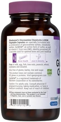 Bluebonnet Nutrition Glucosamine Chondroitin Plus MSM, Glucosamine, Chondroitin Sulfate, Vitamin C & OptiMSM, Bone & Joint Health, Non GMO, Gluten Free, Soy Free, Milk Free, 180 Vegetable Capsules | Bone & Joint Health; Non-GMO, Gluten-Free, Soy-Free, Da…