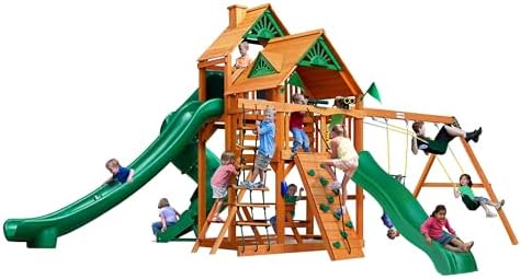 Gorilla Playsets 01-0031-AP Great Skye II Wood Swing Set with Wood Roof, 3 Slides, and Rock Wall, Brown