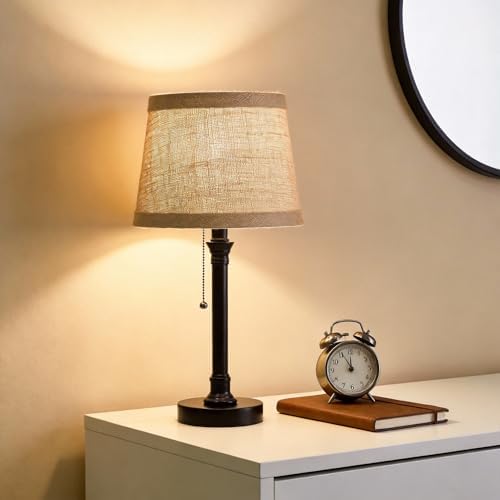 19.5" Small Table Lamp for Bedroom - Bedside Lamps for Nightstand | Black Rustic Table Lamp for Living Room with Fabric Shade