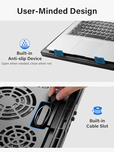 Kootek Laptop Cooling Pad Cooler Stand with 5 Quiet Fans for 12"-17" Laptop | 5 Fans, USB Powered, Laptop Cooling Stand with 2 USB Hub, 6 Adjustable Height, 360° Cooling Coverage, Anti-Slip, Blue LED