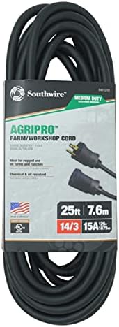Southwire AGRIPRO 12/3 Heavy Duty Extension Cord, 25ft, Farm/Workshop Cord, SJTOW, Black, 67729001