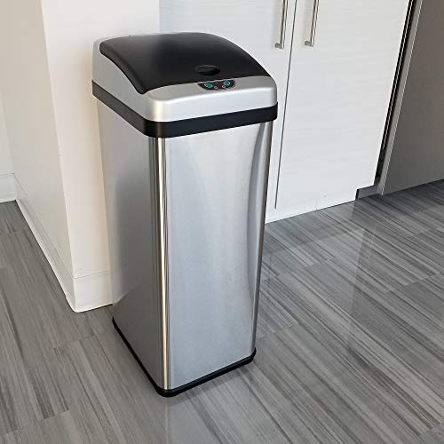 iTouchless Touchless Trash Can with AC Adapter, 3 Odor Filters Big Lid Opening Sensor Kitchen Garbage Bin, 13 Gallon, Stainless Steel, Platinum