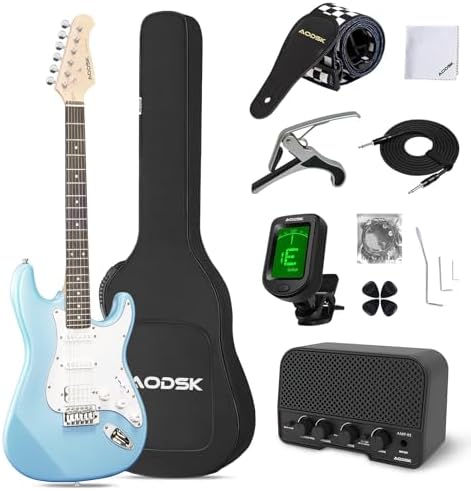 AODSK Electric Guitar with Amp Beginner Kit 39 Inch Solid Body Full Size, All Accessories, Digital Tuner, Six Strings, Four Picks, Tremolo Bar, Strap