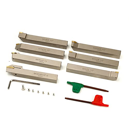 OSCARBIDE 1/2" Shank Nickel Plated 7-Piece Indexable Lathe Tool Holder Set | Turning/Grooving/Threading/Parting | Heavy-Duty CNC Tools | TiN Coated