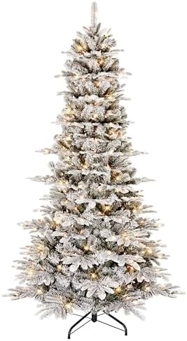 Puleo International 7.5ft Pre-Lit Slim Flocked Aspen Fir Christmas Tree with 450 Clear Lights, 1016 Realistic Dense Snow Flocked Branch Tips, Easy Setup Artificial Trees with Sturdy Metal Stand