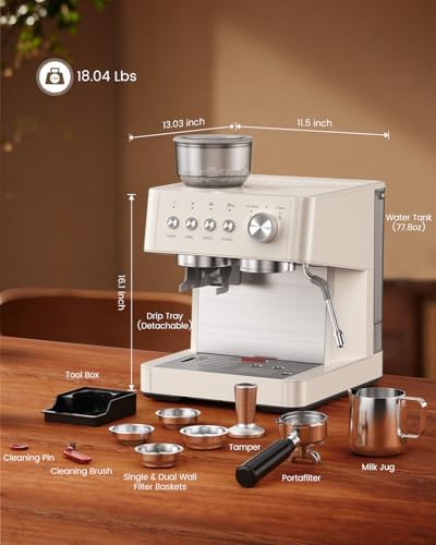 (2026 Upgrade) Espresso Machine with Grinder, 15 Bar Expresso Coffee Machines, Professional Coffee Maker for Latte&Cappuccino with Milk Frother, Expresso Machines for Home Descaling Kit Included White