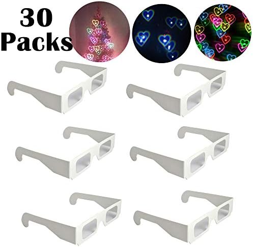 30 Packs Rainbow Hearts Diffraction Glasses Heart Shapes 3D Glasses Special Effect Light for Outdoor Music Party/Bar/Fireworks