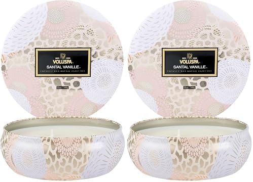 Voluspa Santal Vanille, 3 Wick Tin Candle, 12 oz, 40 Hour Burn Time, Coconut Wax for Clean Burning, Handcrafted in the USA