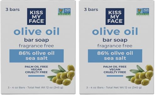 Kiss My Face Olive Oil Fragrance Free Bar Soap, Moisturizing Bar Soap, Cruelty Free Vegan Soap, Palm Oil Free, 4 Oz - 3 Count (Pack of 1)