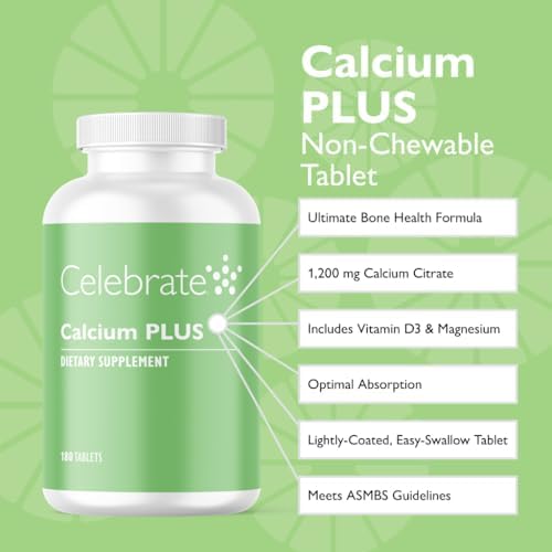 Celebrate Vitamins Calcium Plus – 600mg Calcium Citrate, 600 IU Vitamin D3 & 50mg Magnesium for Post Bariatric Surgery - Gluten-Free & Sugar-Free - 180 Non-Chewable Tablets