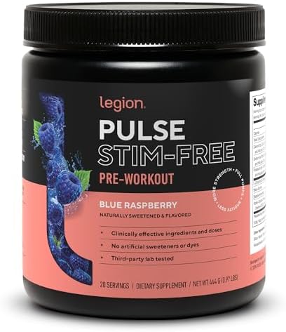 LEGION Pulse Pre Workout Supplement - All Natural Nitric Oxide Preworkout Drink to Boost Energy, Creatine Free, Naturally Sweetened, Beta Alanine, Citrulline, Alpha GPC (Caffeine Free Blue Razz)