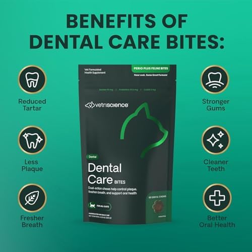 VetriScience Perio Plus Cat Teeth Cleaning Bites - Advanced Cat Breath Freshener - Dual Action Cat Dental Care Formula for Plaque Control & Fresh