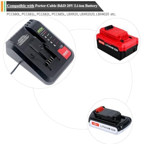 Lasica 20V Max Charger Compatible with Black & Decker 20v Battery and Compatible with Porter-Cable 20v Battery LBXR20 LBXR2020 PCC681L PCC685L