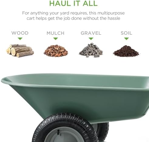 Best Choice Products Dual-Wheel Home Utility Yard Wheelbarrow Garden Cart w/Built-in Stand for Lawn, Gardening, Construction - Green